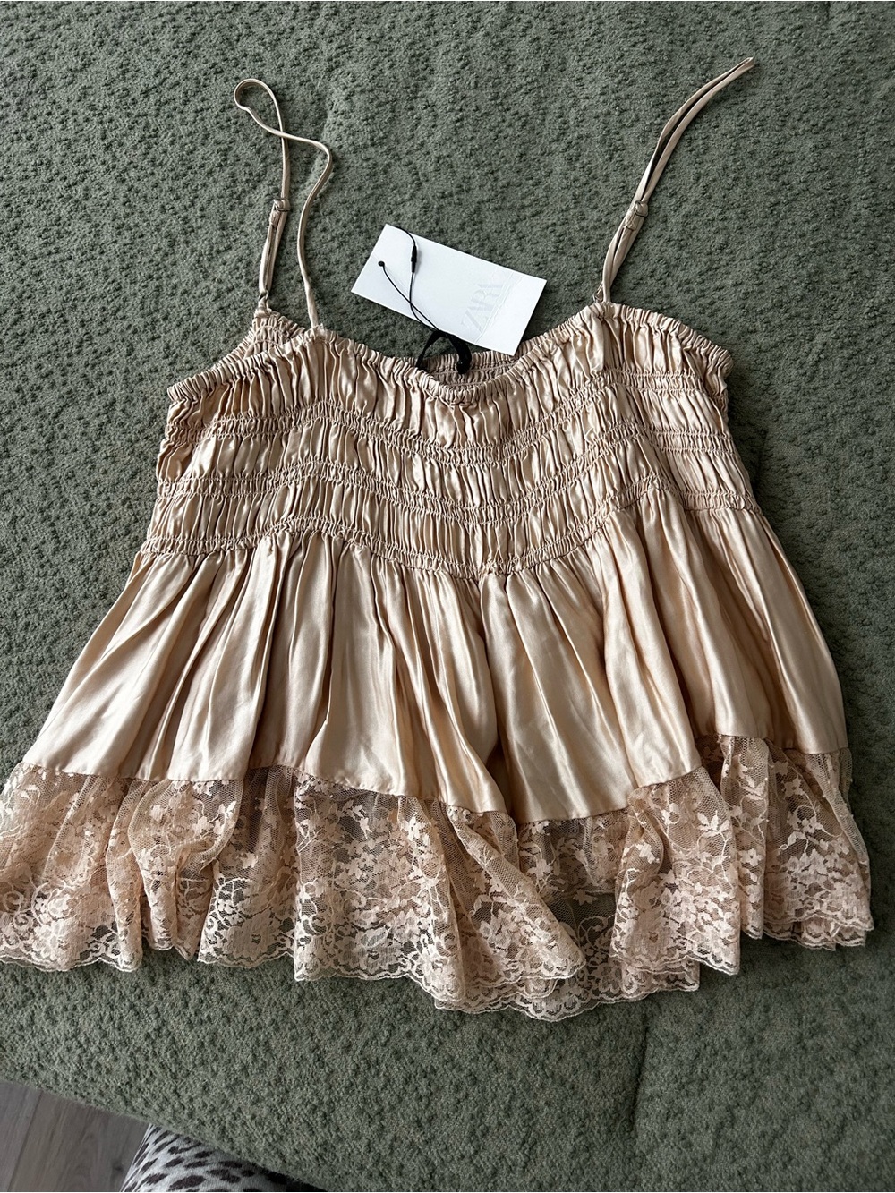 ZARA Smocked Lace-Hem Satin Tank